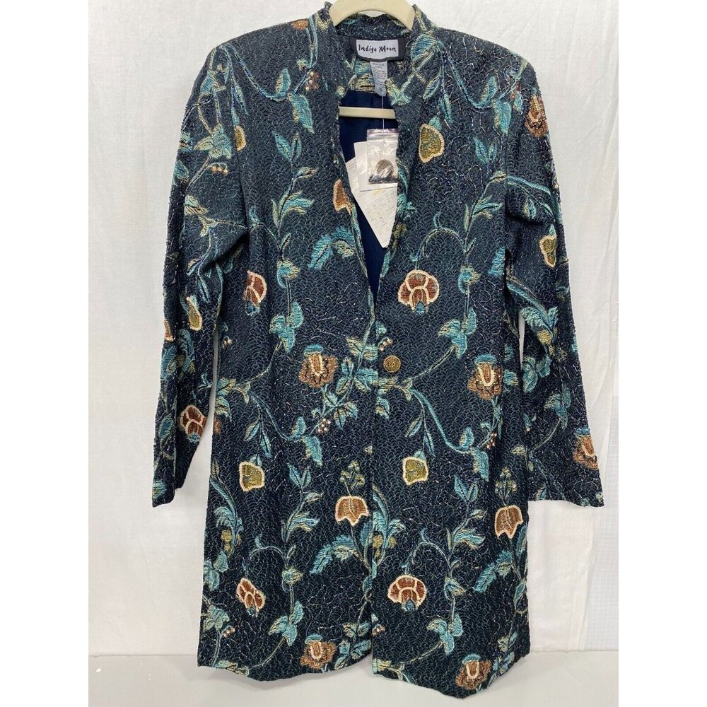 Indigo Moon Women Blue Beaded Floral Tapestry Brocade Duster Trench M